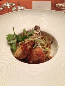chili xo longevity noodle with prawn and bay scallop takoyaki