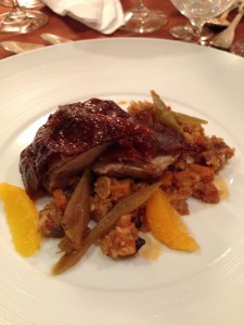 roasted peking duck with pork rib, 5 spice broken rice and satsuma