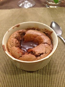 bittersweet chocolate souffle with espresso-caramel sauce