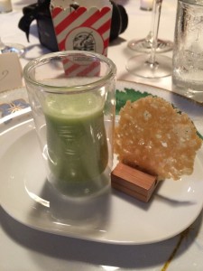 English mint pea soup with Parmesan tulle